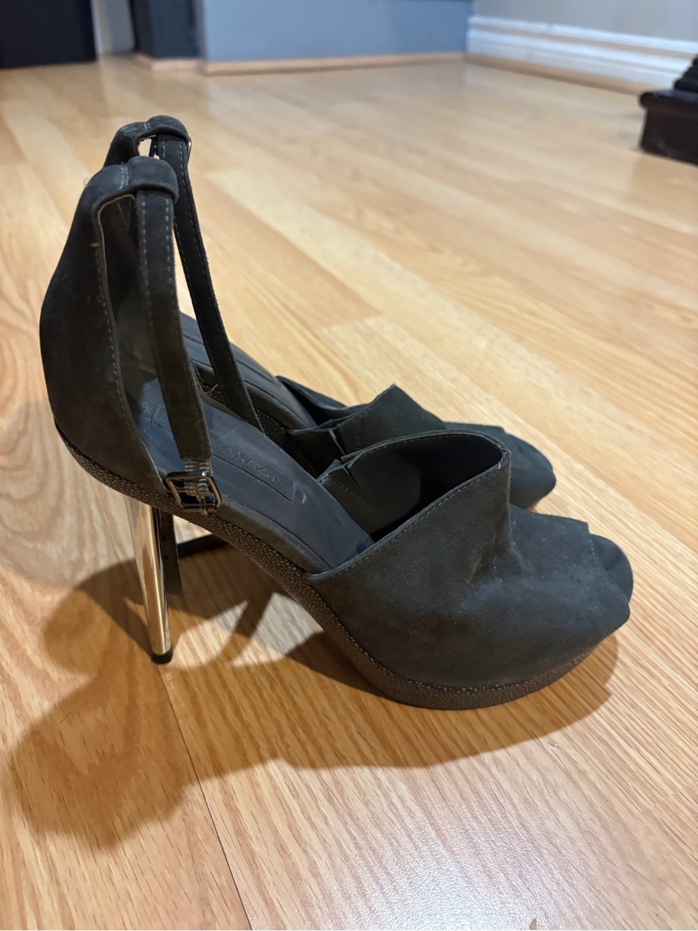 BCBGMAXAZRIA Black Suede Peep-Toe Heels with Metallic Stiletto and Ankle Strap